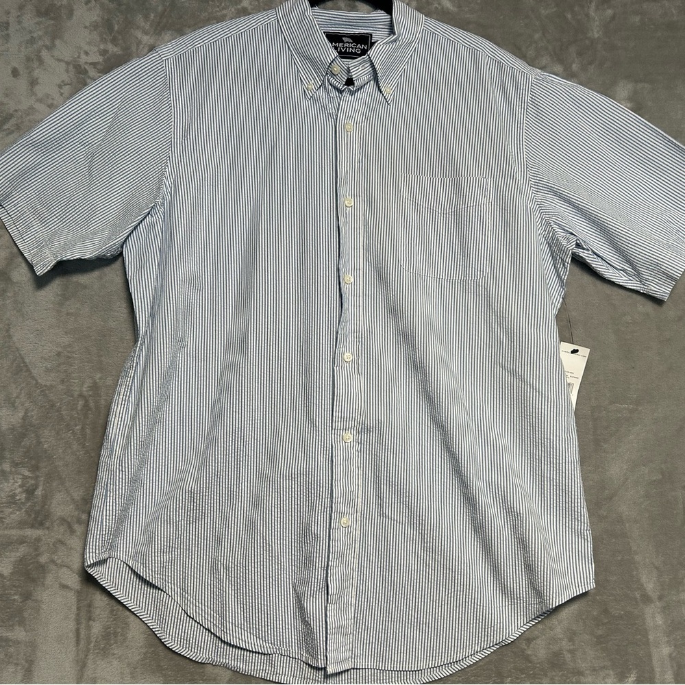 American Living Cotton Button Down Short Sleeve Shirt Men’s XL Blue White Stripe